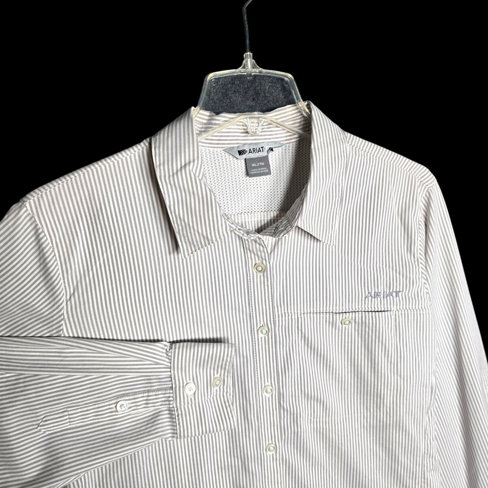 Ariat Tek Shirt Blouse Womens XL  Gray White Stripe Button Up Equestrian Venttek